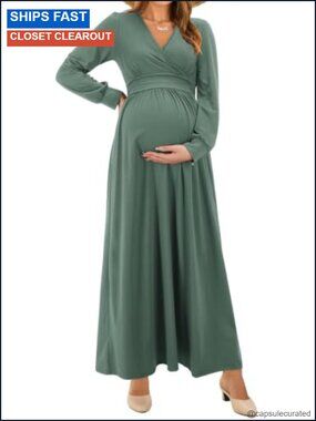 Wrap V Neck Long Sleeve Maternity Nursing Maxi Dress Side Pockets